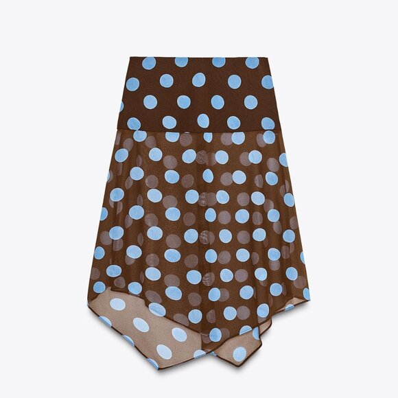 Zara Polka Dot Asymmetric Skirt // NWT BLUE-BROWN - Picture 6 of 6